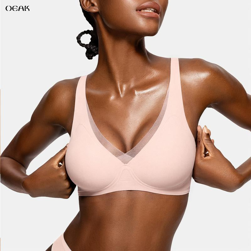 OEAK Deep V Mesh Wireless Bras for Women No Underwear Seamless Push up Comfortable Tshirt Bralettes Everyday Bra - Kiki of DC Styles Store
