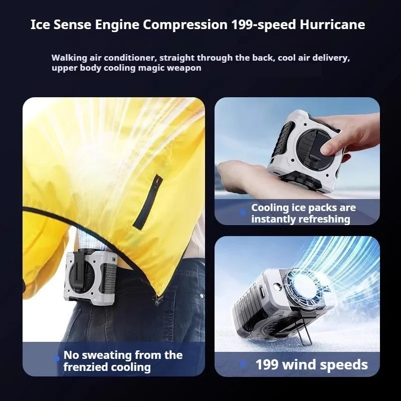 Eary Portable Waist Fan Clip 199 Speeds Wind Air Cooler Belt Fan with Light Lanyard Wearable Hands-Free Neck Fan for Outdoor