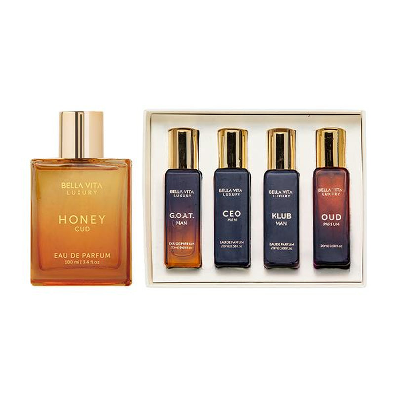 Timeless Legacy by Bellavita Luxury | 4X20 Ml Men’S Luxury Mini Perfume Set & Honey Oud EDP | Luxury Unisex Perfume for Men & Women | Long Lasting, Floral, Spicy & Woody Notes | Luxury, Vegan & Cruelty Free Eau De Parfum | Travel-Friendly - Kiki of DC Styles Store