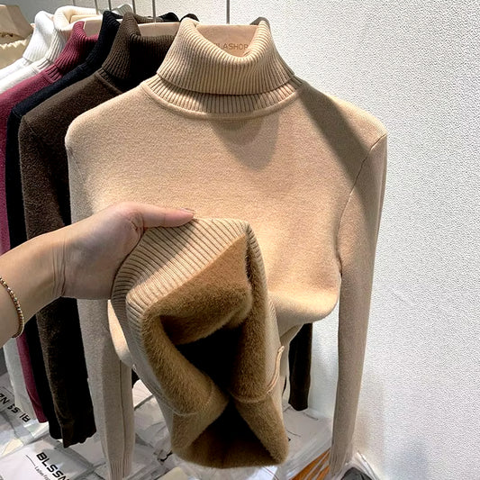 Turtleneck Plush Fleece Sweater Women Winter Fashion Elastic Thicken Pullovers Warm Casual Basic Solid Bottoming Sweater - Kiki of DC Styles Store