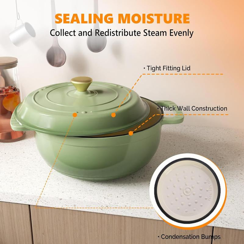 ROVSUN Enameled Cast Iron round Dutch Oven, 5/6/7.5QT Pot with Lid &Dual Handles with Silicone Gloves,Oven Safe up to 500°F, Heavy-Duty Pre-Seasoned Cookware for Bread Baking, Braising, Stews, Roasting, Sage Green - Kiki of DC Styles Store