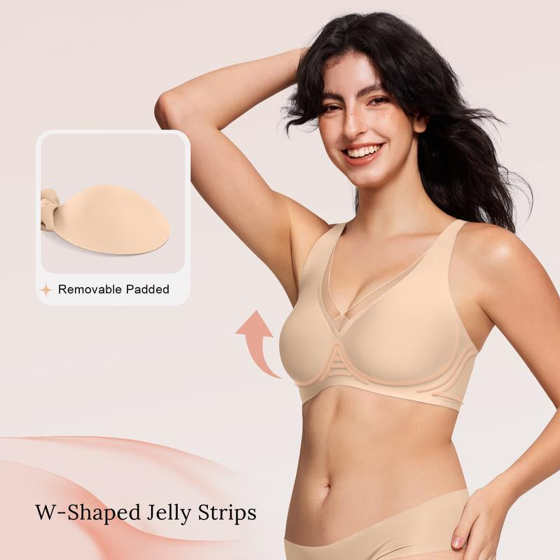 OEAK Deep V Mesh Wireless Bras for Women No Underwear Seamless Push up Comfortable Tshirt Bralettes Everyday Bra - Kiki of DC Styles Store
