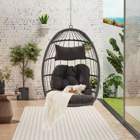 Wicker Wood Porch Swing Outdoor Indoor Garden Rattan Egg Swing Chair Hanging Chair Withdark Gray Cushions - Kiki of DC Styles Store