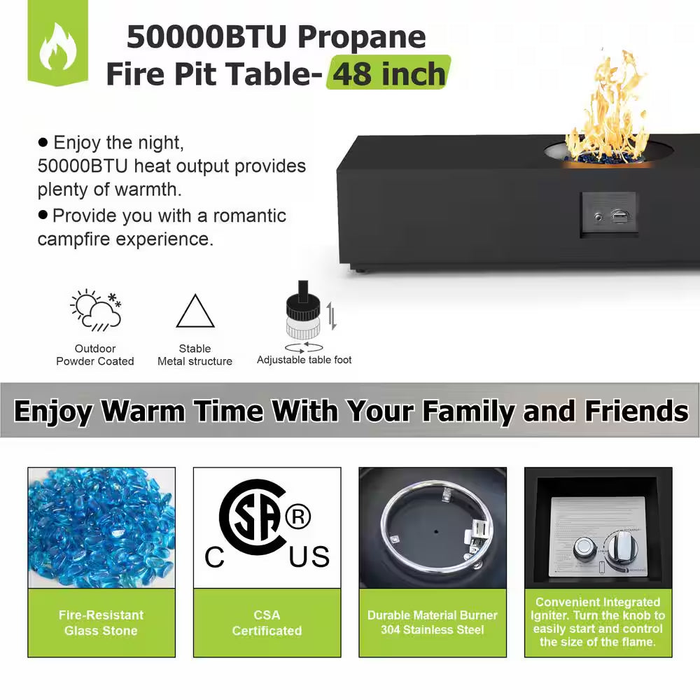 50,000 BTU Black Steel Outdoor Fire Table - 48" Propane Gas Fire Pit for Cozy Gatherings