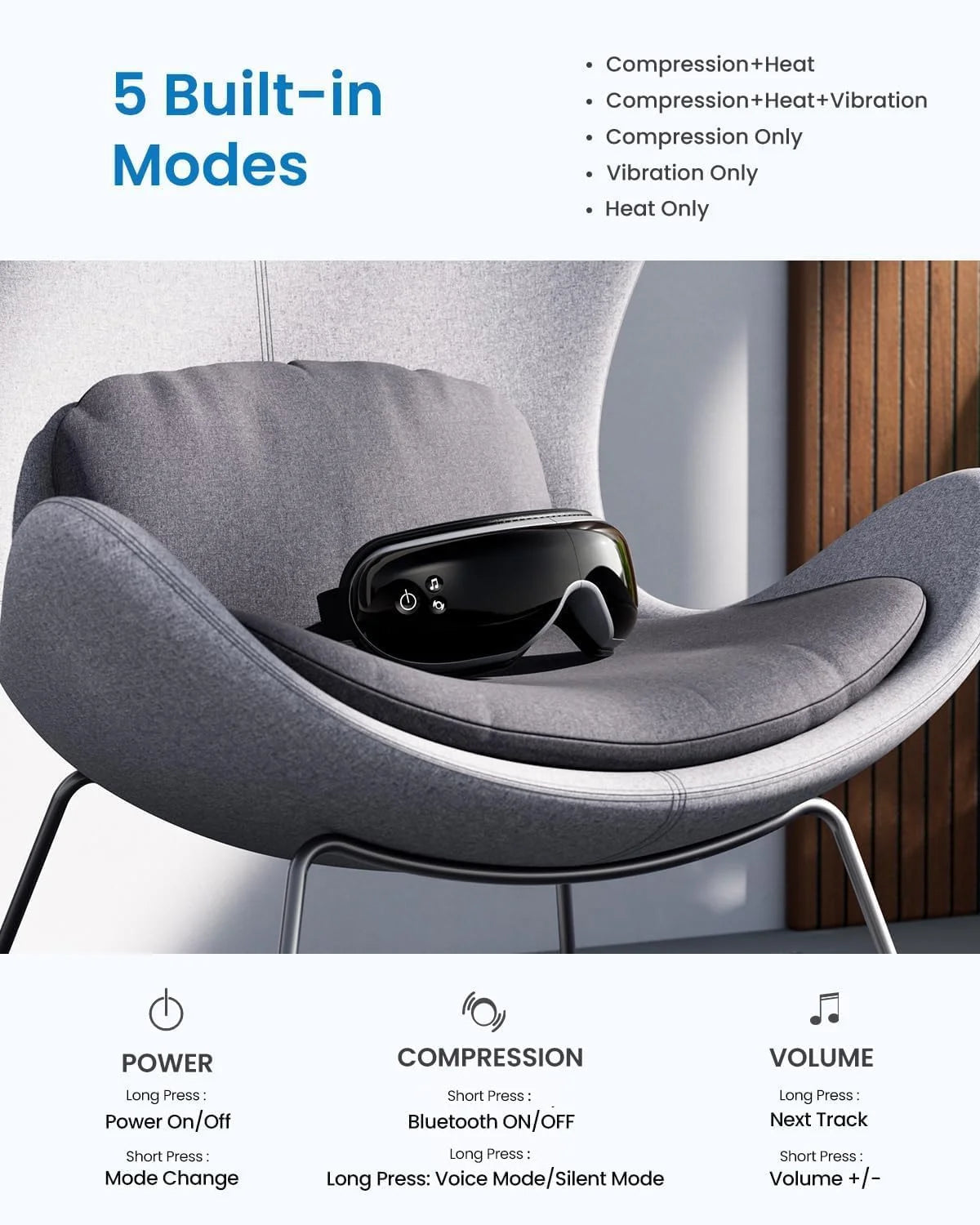 Eye Massager with Heat and Vibration – 5 Massage Modes, Bluetooth Connectivity, Adjustable Headband, USB Rechargeable – Black