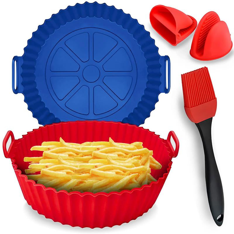 Air Fryer Silicone Liners Pack of 2 with Brush & Holding Gloves, Basket Bowl, Replacement of Flammable Parchment Paper, Reusable Fruit Kitchen Oil Pot - Kiki of DC Styles Store