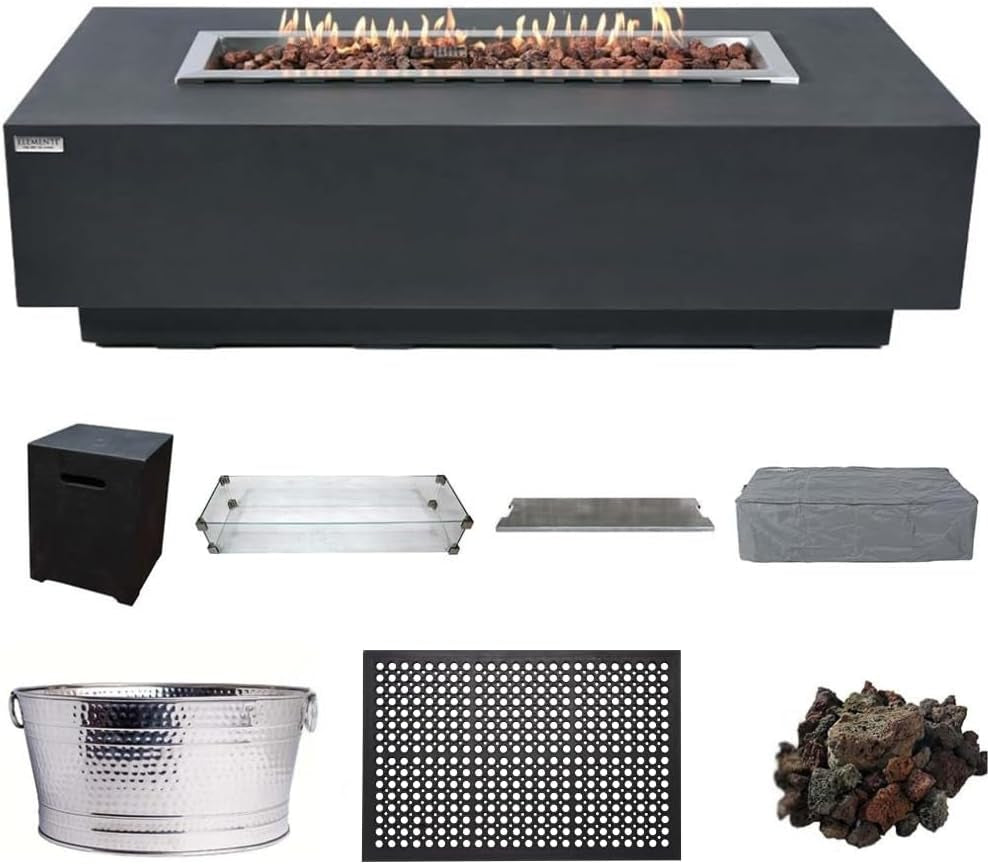Granville 60" Modern Cast Concrete Fire Table - 45,000 BTU Natural Gas Fire Pit with Decorative Lava Rocks for Ultimate Outdoor Ambiance