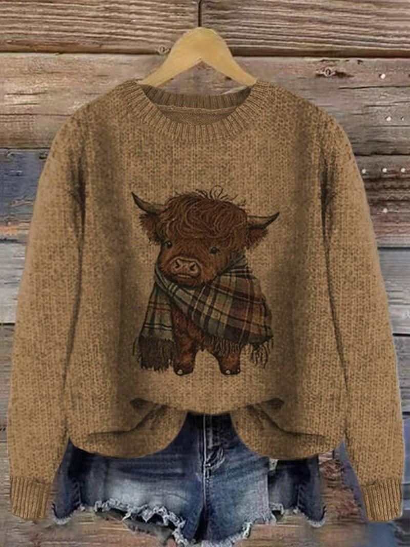 Women'S Cartoon Animal Print round Neck Sweater, Casual Long Sleeve Crew Neck Jumper for Fall & Winter, Fashion Women'S Knitwear for Daily Wear, Tops, Womenswear - Kiki of DC Styles Store