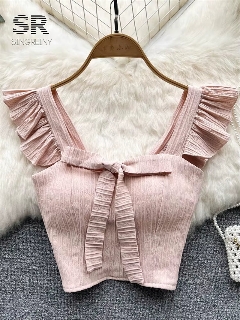Elevate Your Summer Wardrobe with Our Chic Ruffled Camisole Featuring a Stylish Square Neck and Adorable Bow - Perfect for Casual Outings!