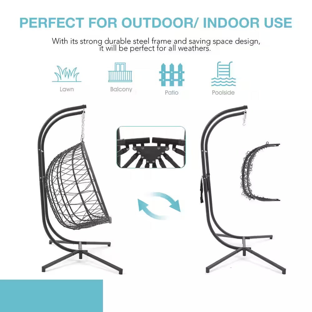 Wicker Grey Indoor Outdoor 2-Person Double Porch Swing Egg Chair with Grey Cushions - Kiki of DC Styles Store