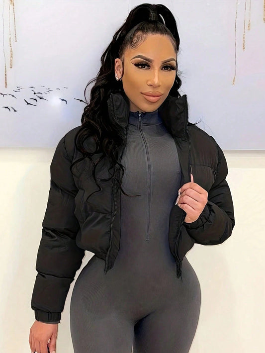 Women European & American Style Short Collar Zip-Up Warm Jacket