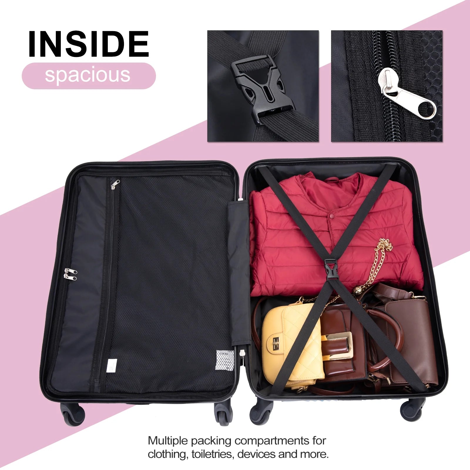 Luggage 3 Piece Set,Suitcase with Spinner Wheels Hardside Lightweight Luggage 20In24In28In.(Pink)