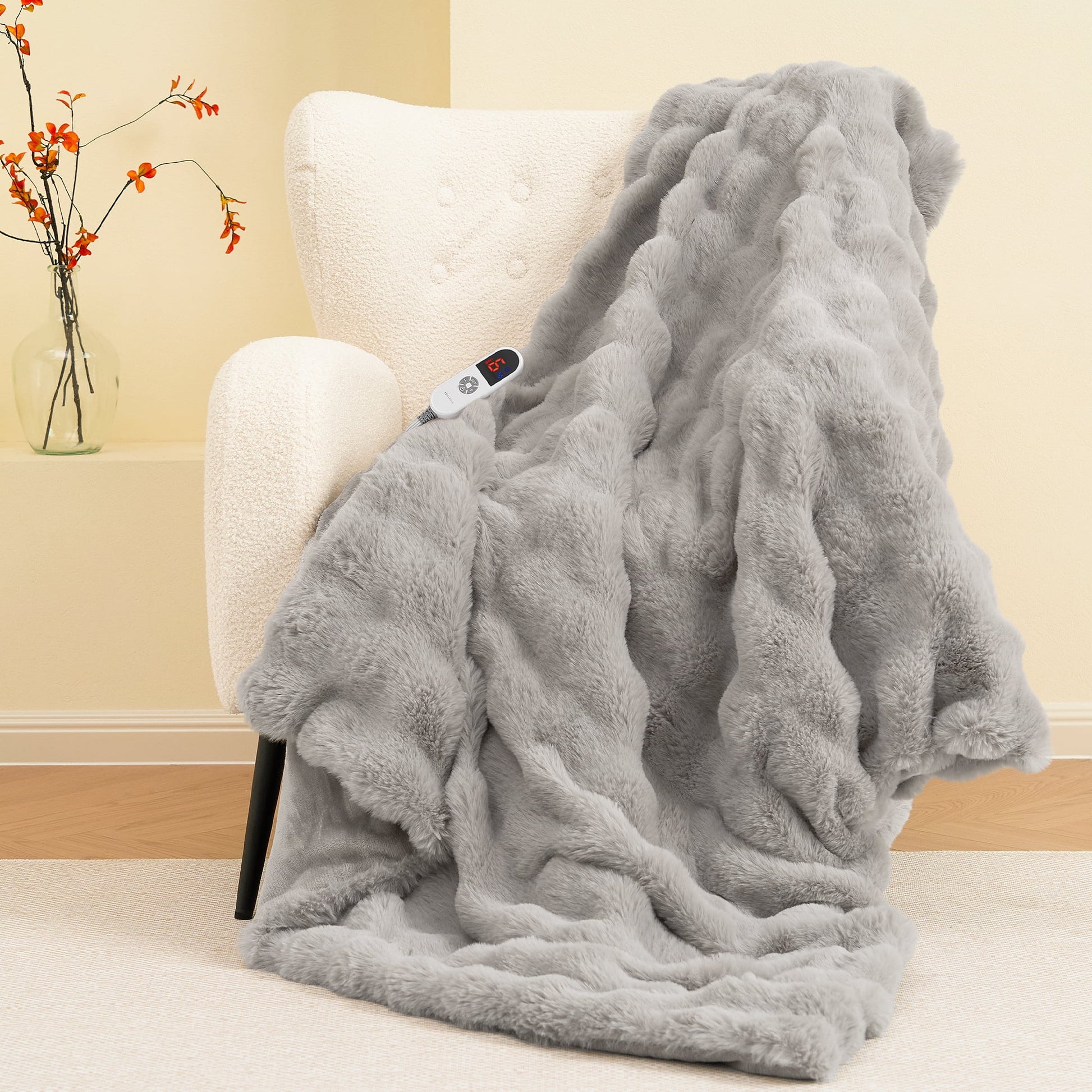 Electric Throw Blanket 50"X60", Faux Fur Heated Throw, 6 Heating Levels, 4 Hours Timer, Gray - Kiki of DC Styles Store