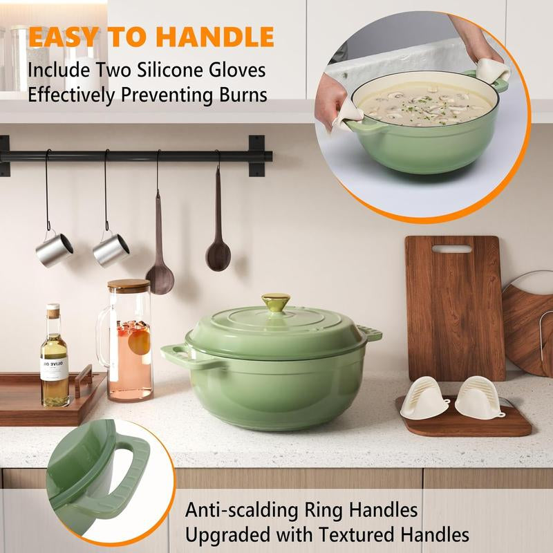 ROVSUN Enameled Cast Iron round Dutch Oven, 5/6/7.5QT Pot with Lid &Dual Handles with Silicone Gloves,Oven Safe up to 500°F, Heavy-Duty Pre-Seasoned Cookware for Bread Baking, Braising, Stews, Roasting, Sage Green - Kiki of DC Styles Store