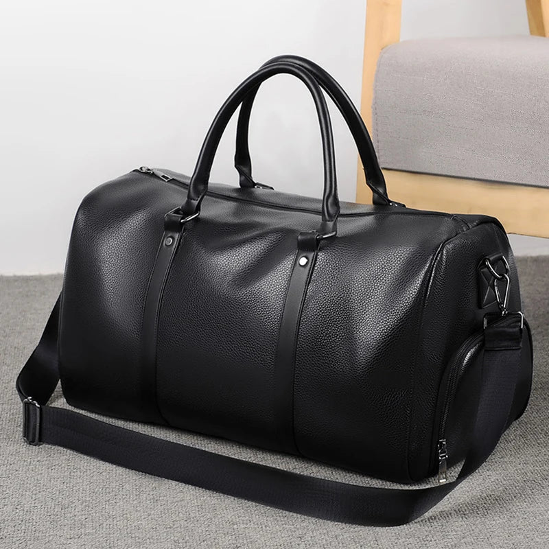 Men's Travel Handbag Casual Tote Bag PU Leather Male Gym Boston Shoes Pocket Fitness Luggage Duffle Shoulder Sports Side Bag