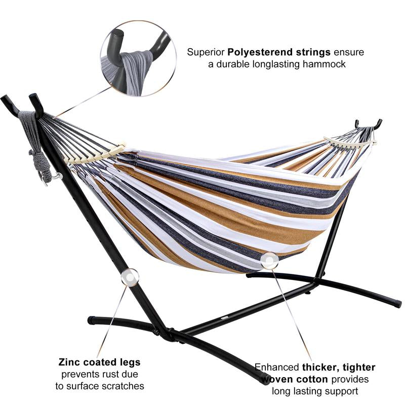 Double Hammock Set with Steel Stand,Brazilian Style Double Hammock Set with Steel Stand 450Lb Capacity Steel Stand, Premium Carry Bag Included, for Backyard, Camping,Garden Double Hammock Canvas Outdoor Patio,Heavy Duty Portable Hammock Stand - Kiki of DC Styles Store
