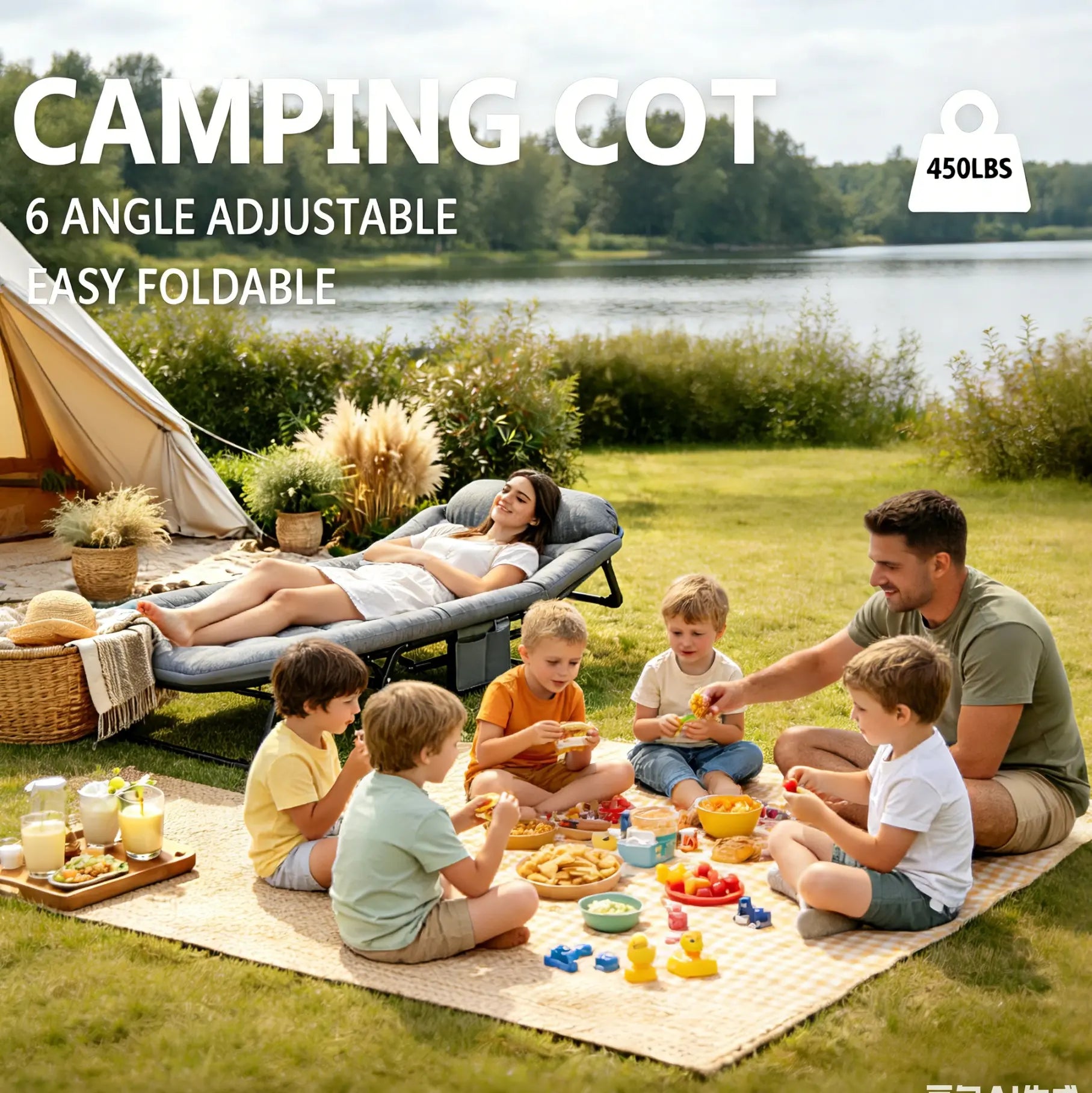 Camping Cot for Adults, 6 Angle Adjustable Folding Camping Bed with Mattress, Foldable Camping Bed for Camp, Office, Outdoor, Lightweight Camping Cot with Carry Bag Supports 450 Lbs