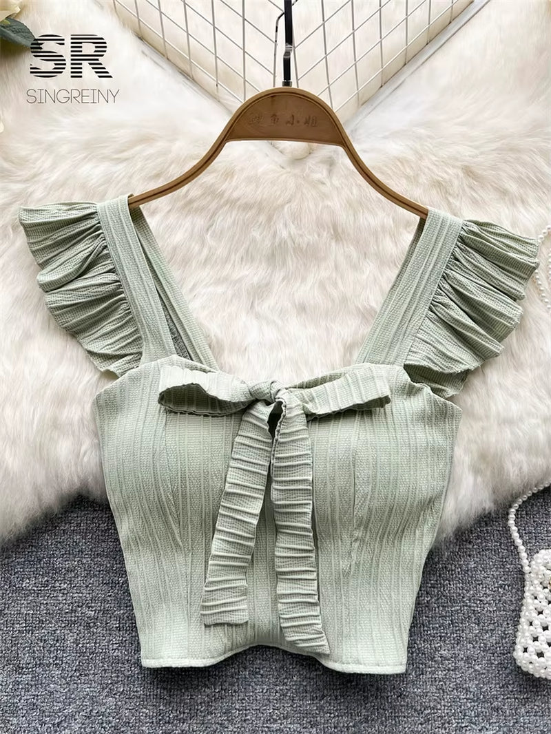 Elevate Your Summer Wardrobe with Our Chic Ruffled Camisole Featuring a Stylish Square Neck and Adorable Bow - Perfect for Casual Outings!