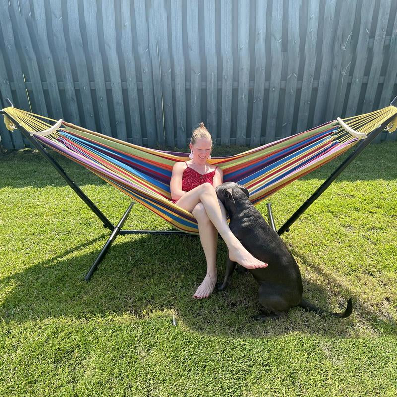 Double Hammock Set with Steel Stand,Brazilian Style Double Hammock Set with Steel Stand 450Lb Capacity Steel Stand, Premium Carry Bag Included, for Backyard, Camping,Garden Double Hammock Canvas Outdoor Patio,Heavy Duty Portable Hammock Stand - Kiki of DC Styles Store