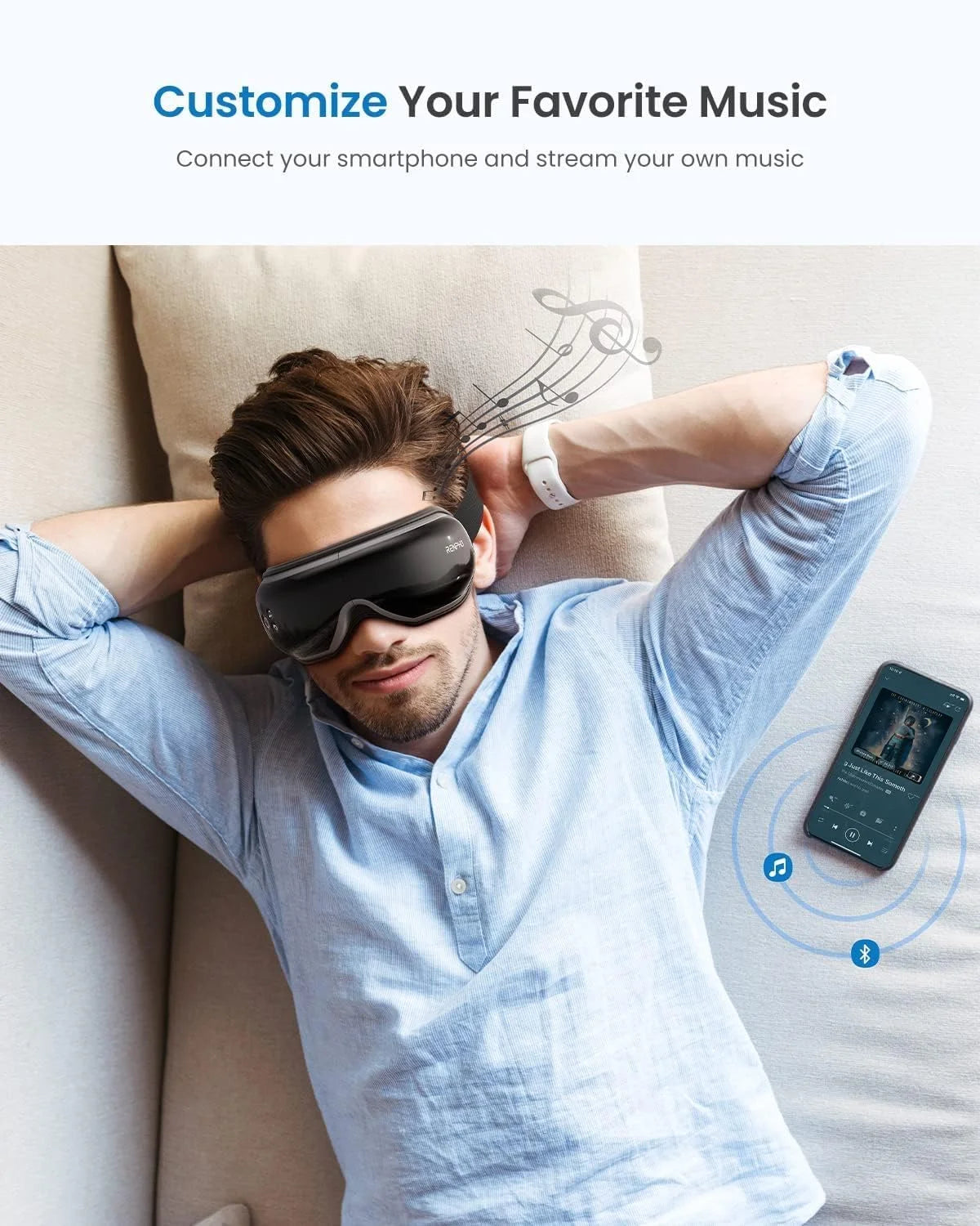 Eye Massager with Heat and Vibration – 5 Massage Modes, Bluetooth Connectivity, Adjustable Headband, USB Rechargeable – Black