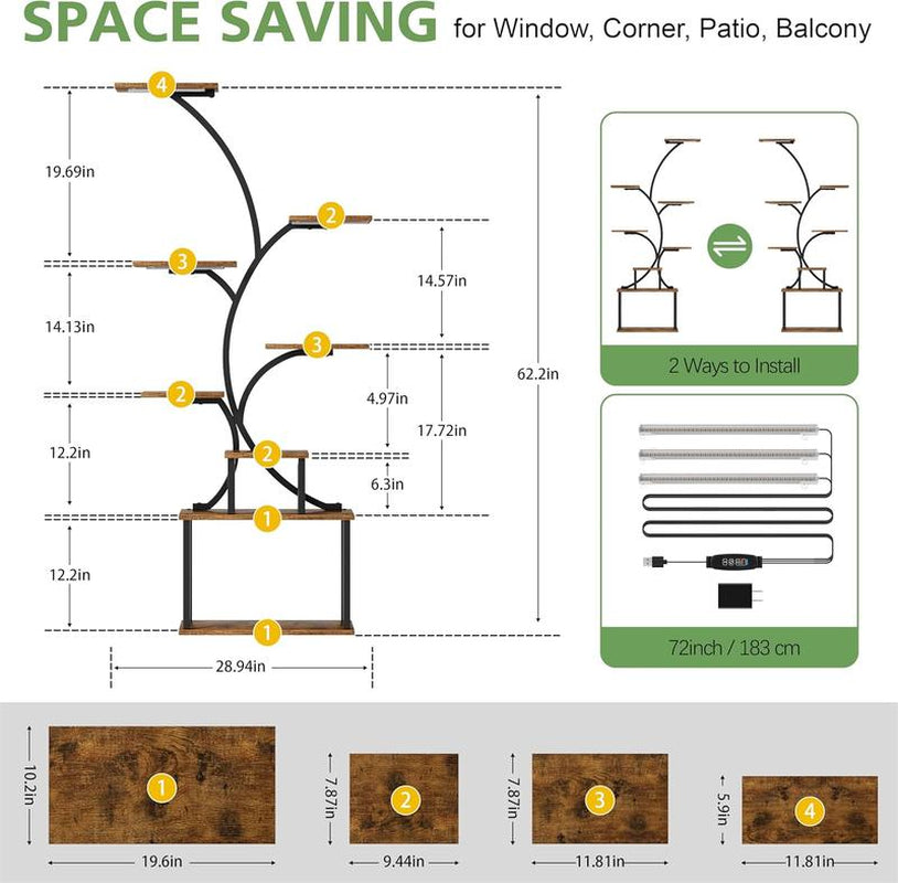 POZILAN Plant Stand Indoor with Grow Lights,Metal Plant Flower Display Shelves, Tree-Shaped Plant Rack for Home, Patio, Black - Kiki of DC Styles Store