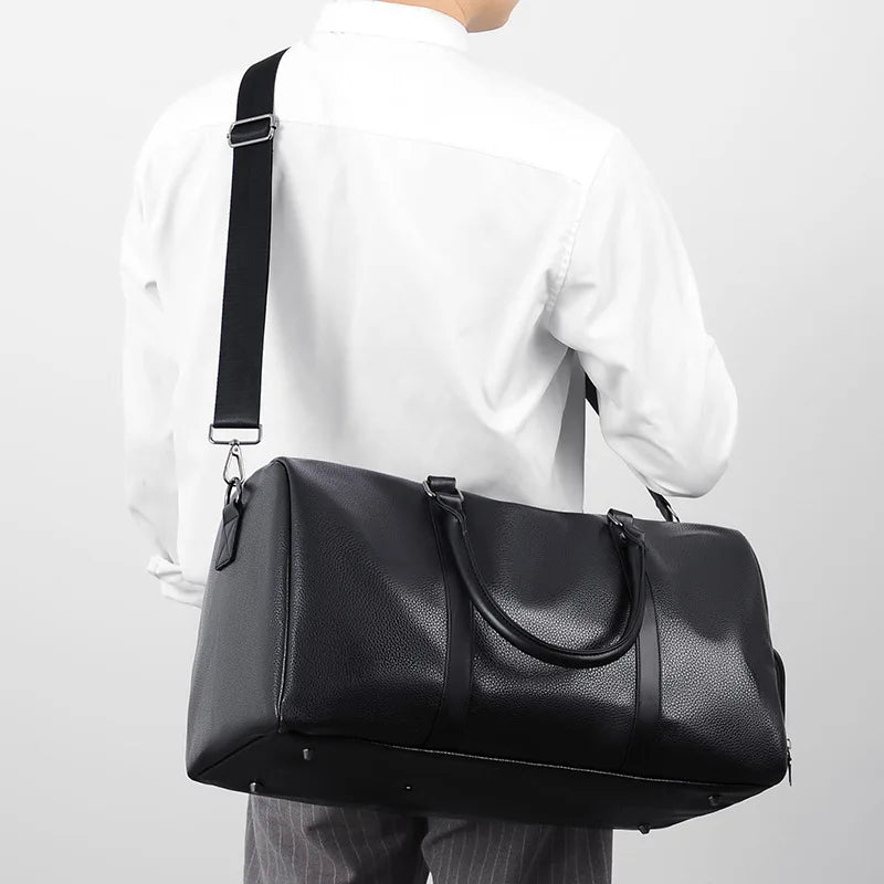 Men's Travel Handbag Casual Tote Bag PU Leather Male Gym Boston Shoes Pocket Fitness Luggage Duffle Shoulder Sports Side Bag