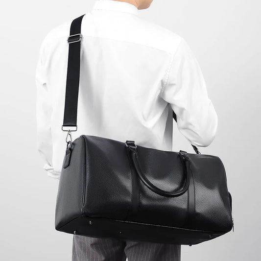 Men's Travel Handbag Casual Tote Bag PU Leather Male Gym Boston Shoes Pocket Fitness Luggage Duffle Shoulder Sports Side Bag