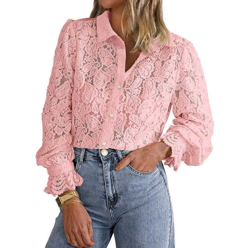 BTFBM Women'S Lace Blouses Long Sleeve Button down Tops 2025 Fall Fashion Shirt - Kiki of DC Styles Store