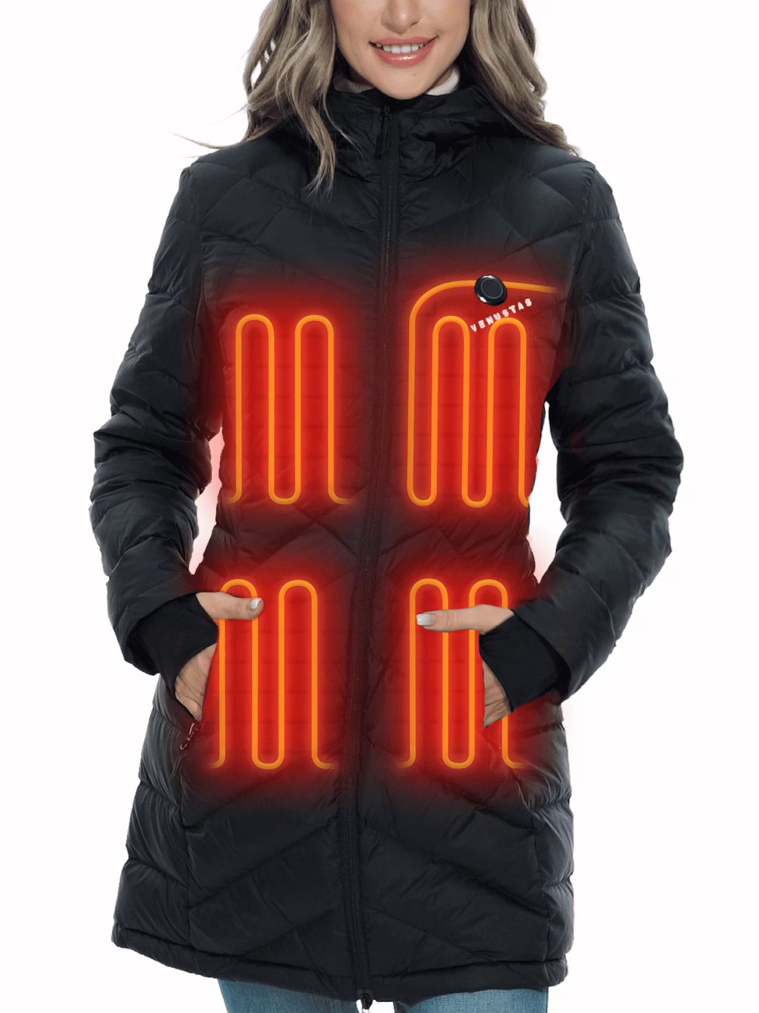 Women'S Heated down Jacket with Battery Pack 7.4V, Long Puffer Winter Jacket Coat (Black, 2XL)