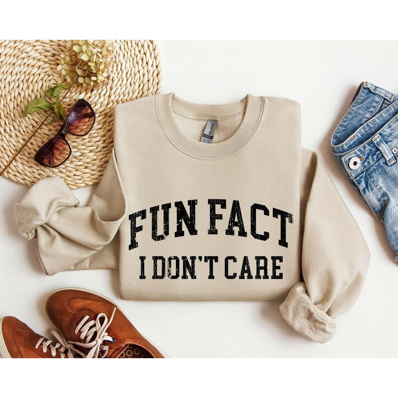 Sarcastic "Fun Fact: I Don't Care" Funny Women's Crew Neck Sweatshirt - Perfect for College Days!
