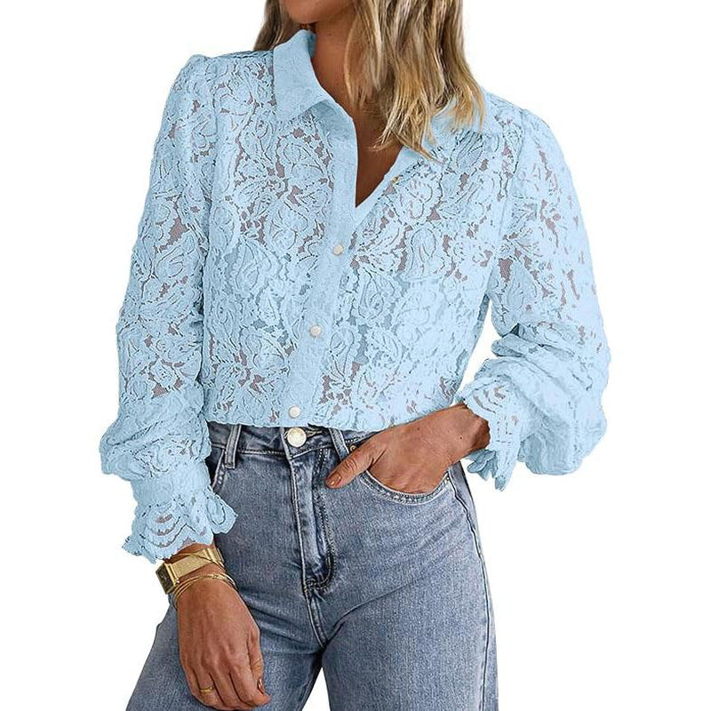 BTFBM Women'S Lace Blouses Long Sleeve Button down Tops 2025 Fall Fashion Shirt - Kiki of DC Styles Store