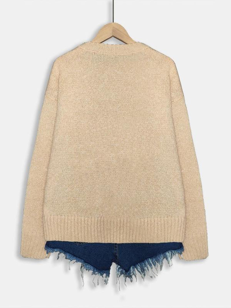 Women'S Cartoon Animal Print round Neck Sweater, Casual Long Sleeve Crew Neck Jumper for Fall & Winter, Fashion Women'S Knitwear for Daily Wear, Tops, Womenswear - Kiki of DC Styles Store