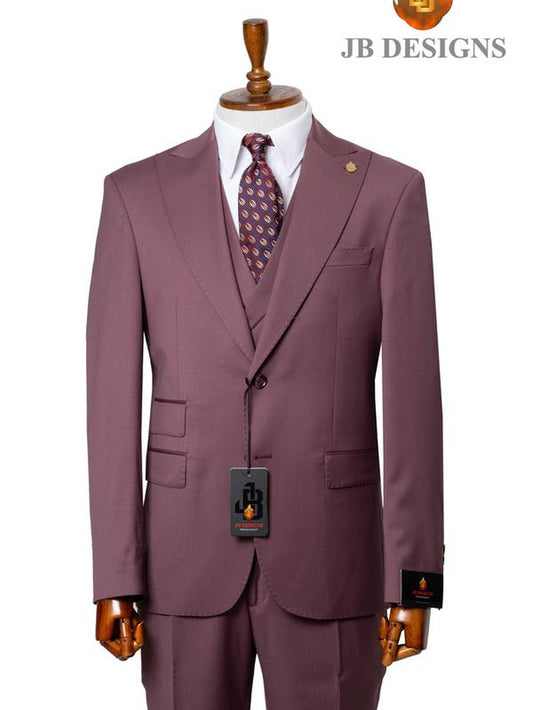 JB 100% WOOL Solid Color Single Button Blazer Double Breasted Vest Pale Maroon Color 3Pc Suit Set - Kiki of DC Styles Store