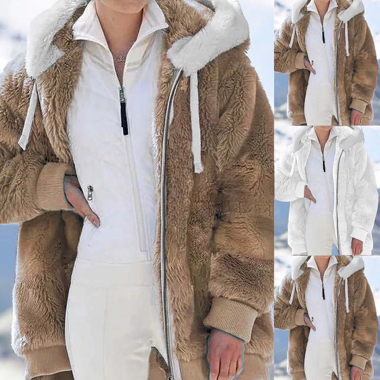 Christmas Deals 50% off Clear! Winter Long Coats for Women plus Size Winter Warm Loose Plush Zip Hooded Jacket Coat Gifts Christmas Gift