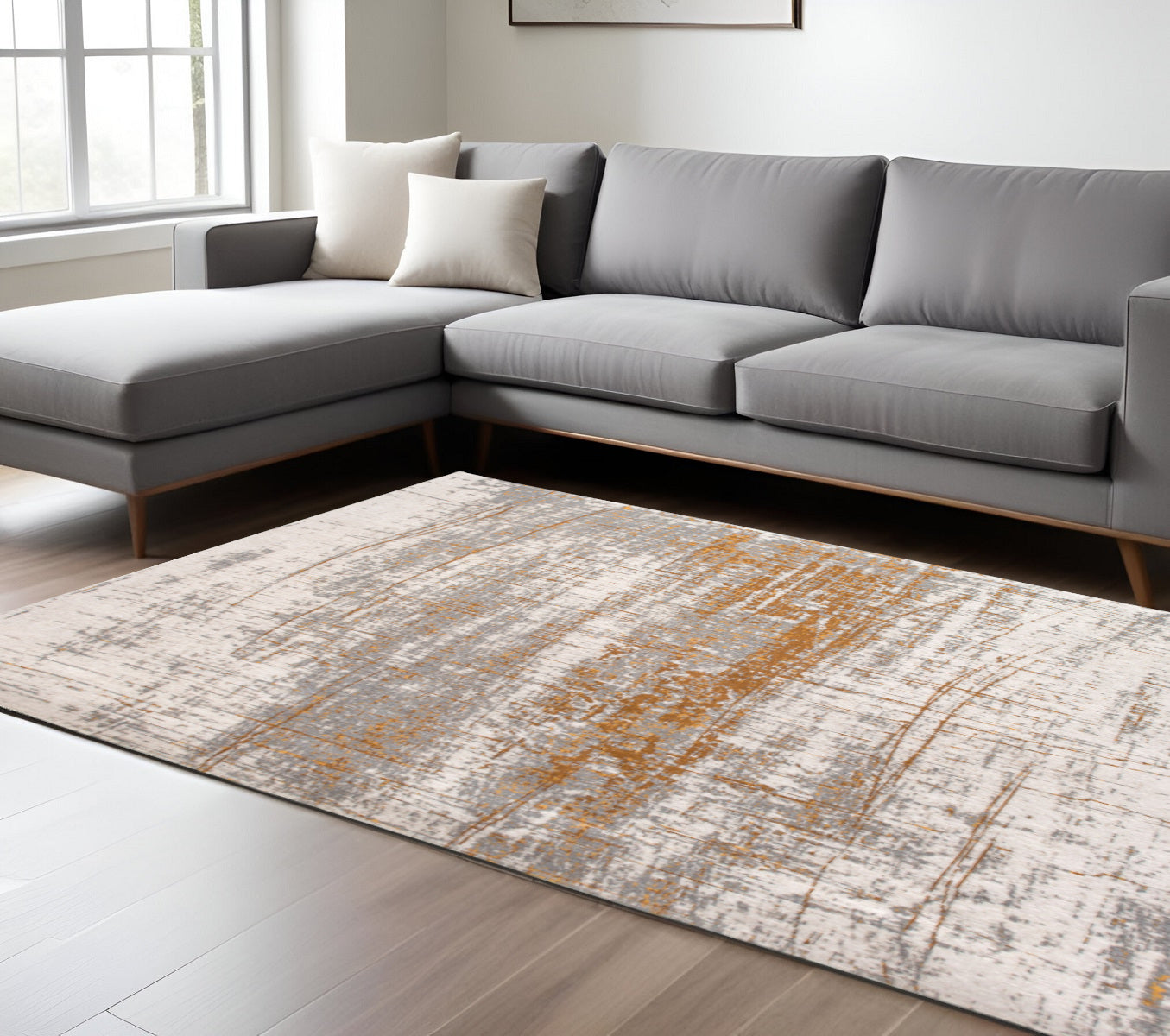 7' X 9' Gray and Gold Abstract Non Skid Area Rug - Kiki of DC Styles Store