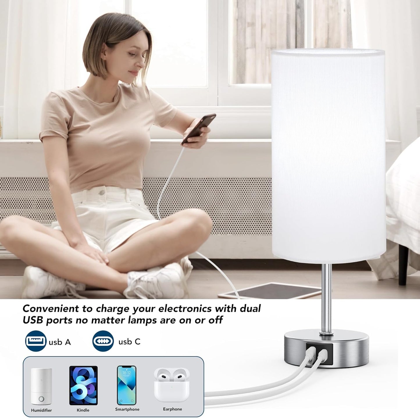 Touch Control Table Lamp Set of 2, 3-Way Dimmable Bedside Nightstand Lamps with 2 USB Ports & 2 AC Outlets, Modern Tabletop Lamps with White Shades, Desk Lamp for Bedroom Living Room, 2 Bulbs Included - Kiki of DC Styles Store