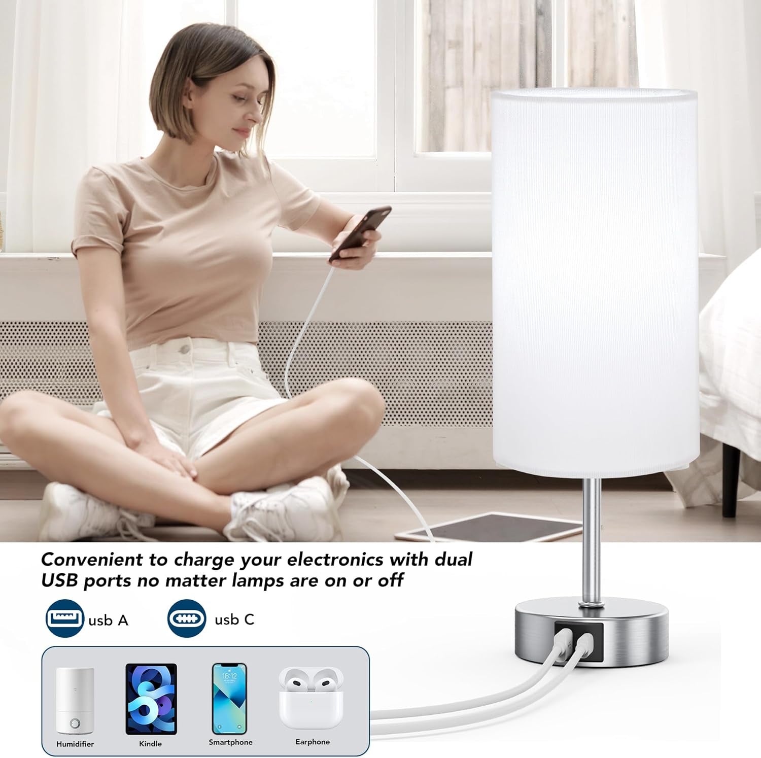 Touch Control Table Lamp Set of 2, 3-Way Dimmable Bedside Nightstand Lamps with 2 USB Ports & 2 AC Outlets, Modern Tabletop Lamps with White Shades, Desk Lamp for Bedroom Living Room, 2 Bulbs Included - Kiki of DC Styles Store