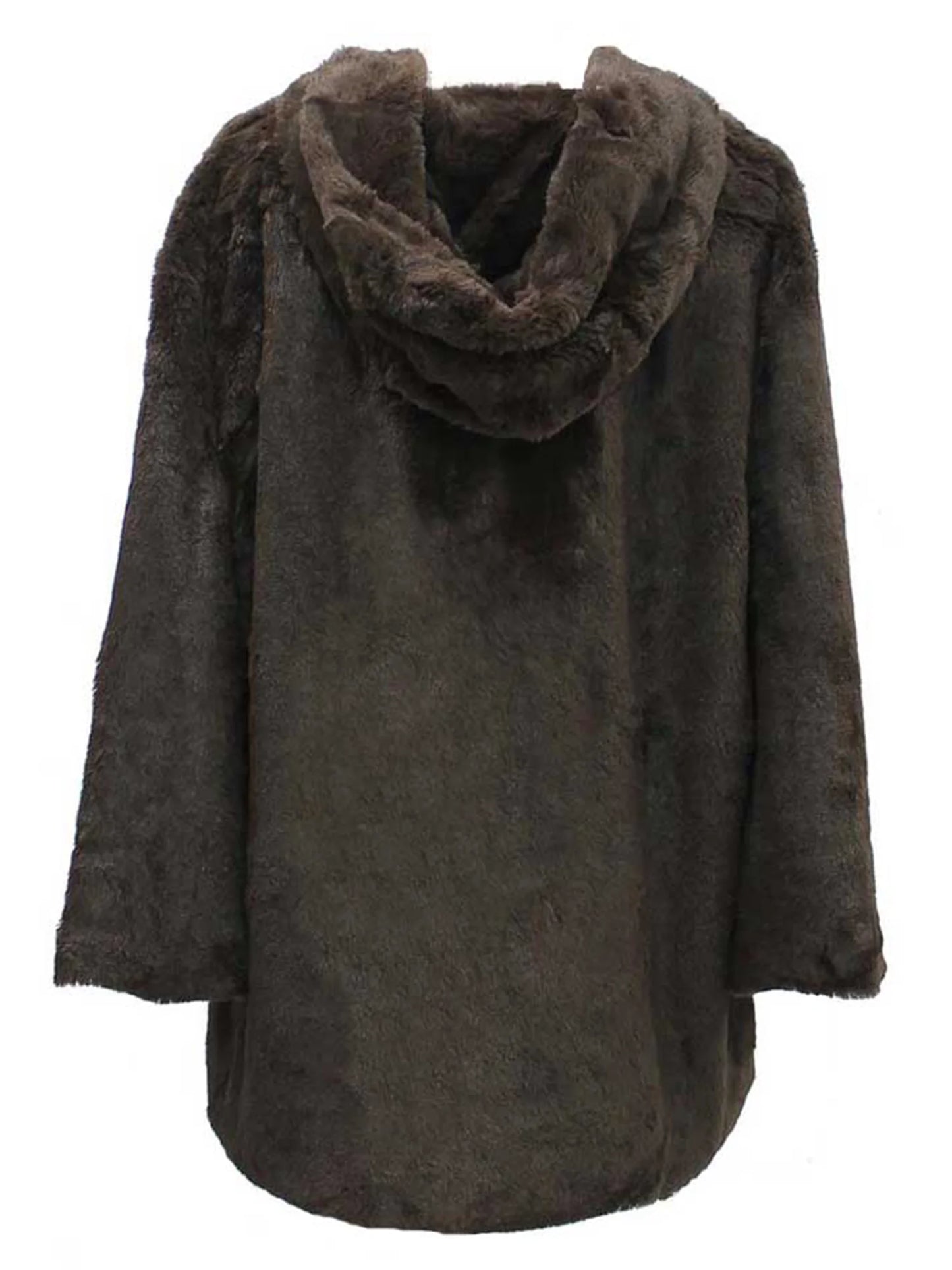 Brown Faux Fur Plush Swing Jacket with Hood