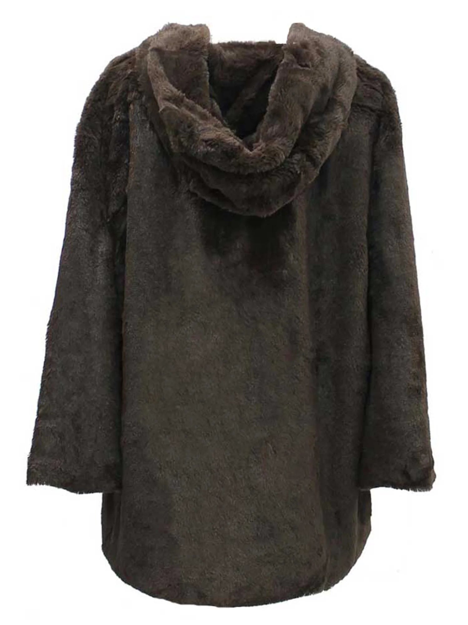 Brown Faux Fur Plush Swing Jacket with Hood