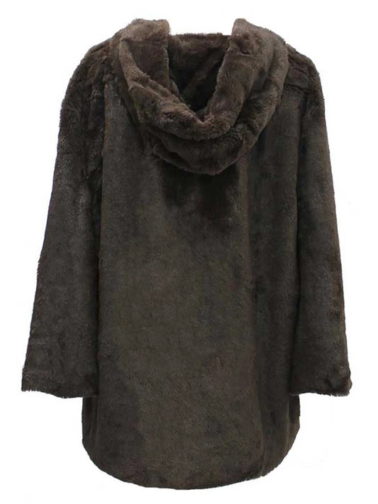 Brown Faux Fur Plush Swing Jacket with Hood