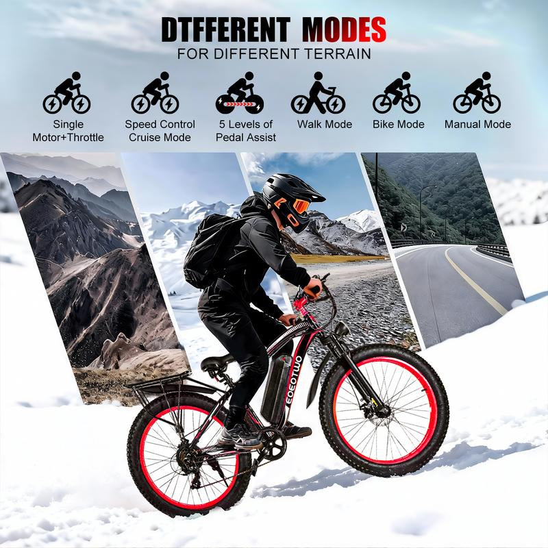 EOEOTWO 1500W Electric Bicycle - 30+ MPH, 70 Miles Range, 48V 15AH Battery, Front Suspension, 26" x 4.0" Tires for Snow & Mountain Riding
