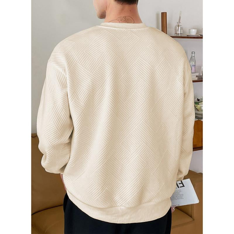 Dokotoo Men's Stylish Crewneck Sweatshirt - Long Sleeve Solid Color Pullover with Geometric Texture