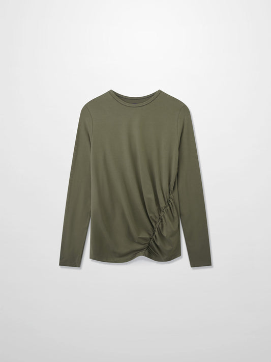 Curved Gathered Detailed T-Shirt-Olive-1