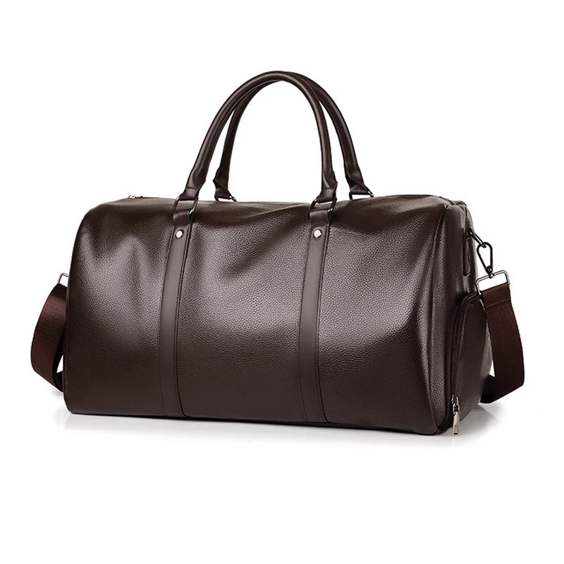 Men's Travel Handbag Casual Tote Bag PU Leather Male Gym Boston Shoes Pocket Fitness Luggage Duffle Shoulder Sports Side Bag