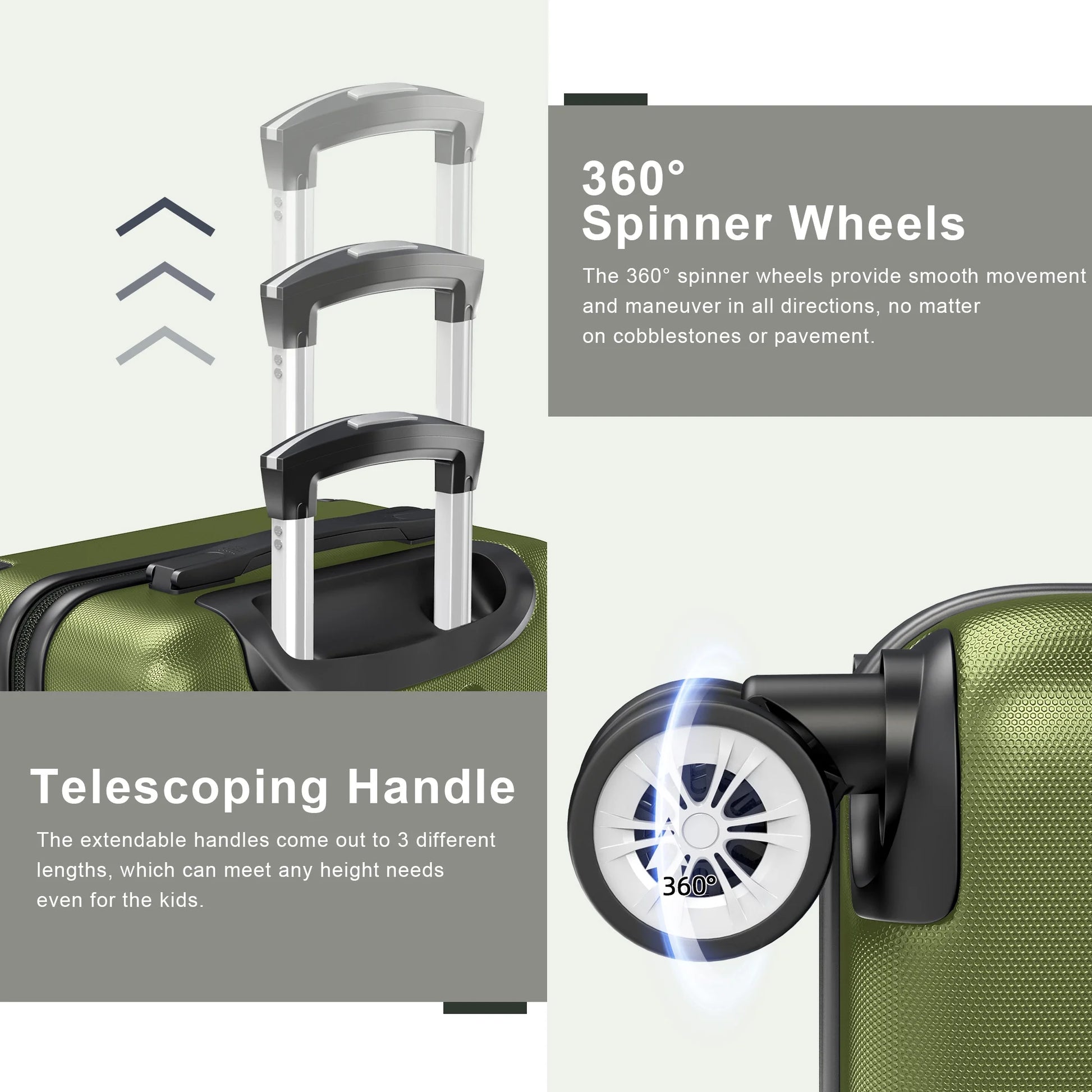 3 Piece Luggage Sets Hardshell Lightweight Suitcase with TSA Lock Spinner Wheels, Olive Green
