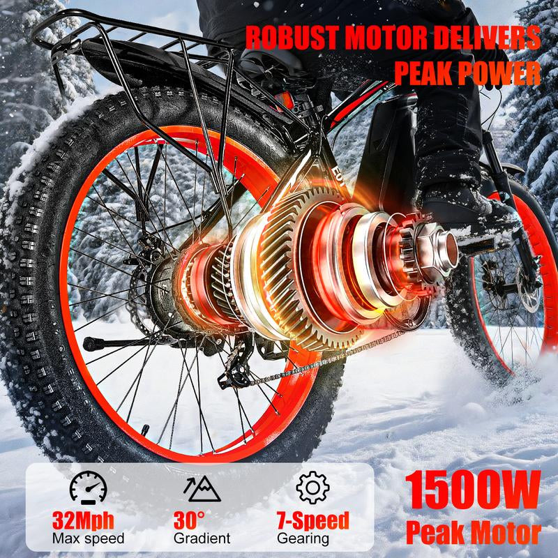 EOEOTWO 1500W Electric Bicycle - 30+ MPH, 70 Miles Range, 48V 15AH Battery, Front Suspension, 26" x 4.0" Tires for Snow & Mountain Riding
