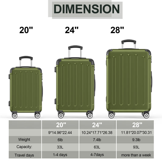 3 Piece Luggage Sets Hardshell Lightweight Suitcase with TSA Lock Spinner Wheels, Olive Green