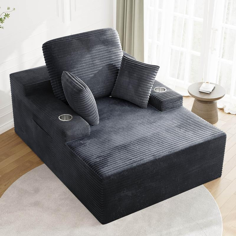LIKIMIO 49" Oversized Chaise Lounge Sofa Bed with 2 Cup Holders & Storage Pocket - Plush Corduroy Upholstered, No Assembly Cloud Couch for Living Room, Bedroom, or Reading Nook - Kiki of DC Styles Store
