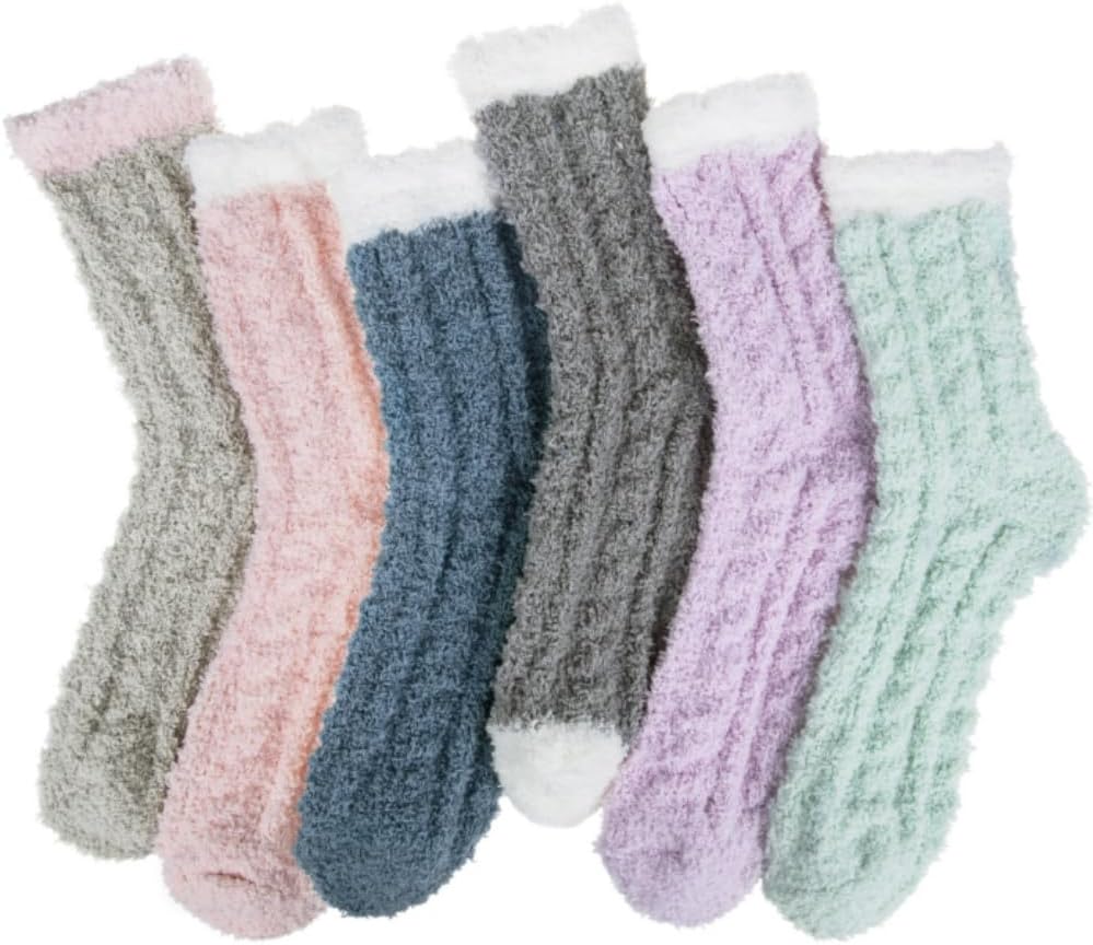 6 Pairs Womens Fuzzy Socks Winter Warm Soft Cozy Fluffy Microfiber House Sleeping Slipper Socks Christmas Gifts