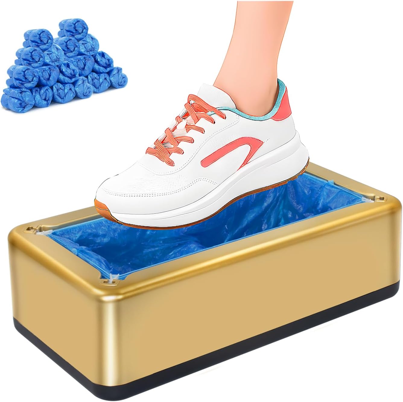 Automatic Shoe Covers Dispenser,200 Pcs Disposable Shoe Cover,Waterproof T Buckle Shoes Cover for Adult and Kids All Sizes,Portable Machine for Indoors/Home/Office, Gold